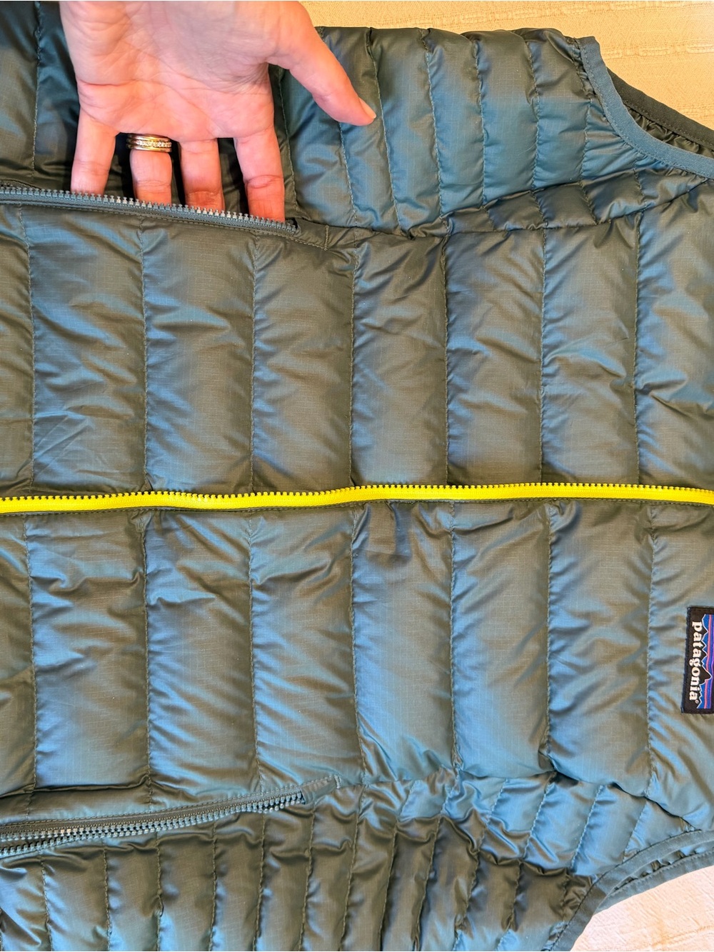 Patagonia Quilted Vest in Sage Green with Neon Yellow Trim - Picture 4 of 7